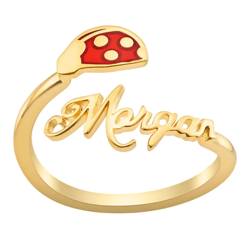14K Gold Plated Script Name with Enamel Ladybug Bypass Ring sold by Limoges Jewelry