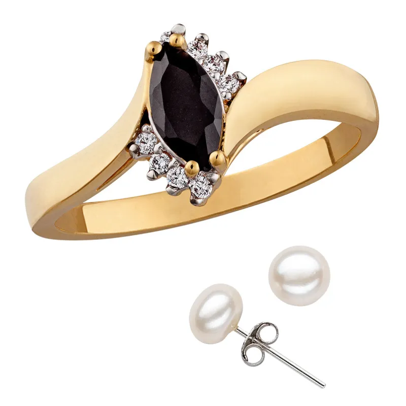 Marquise Onyx and Cubic Zirconia Accent Ring w/ Free Fresh Water Pearl Earrings sold by Limoges Jewelry
