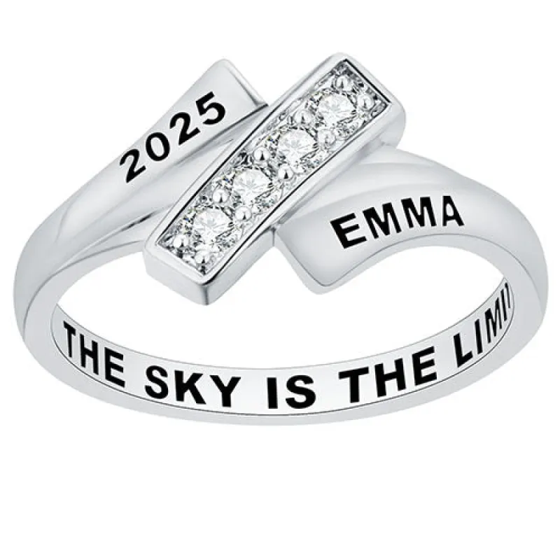 Women's Sterling Silver CZ Bypass Class Ring sold by Limoges Jewelry