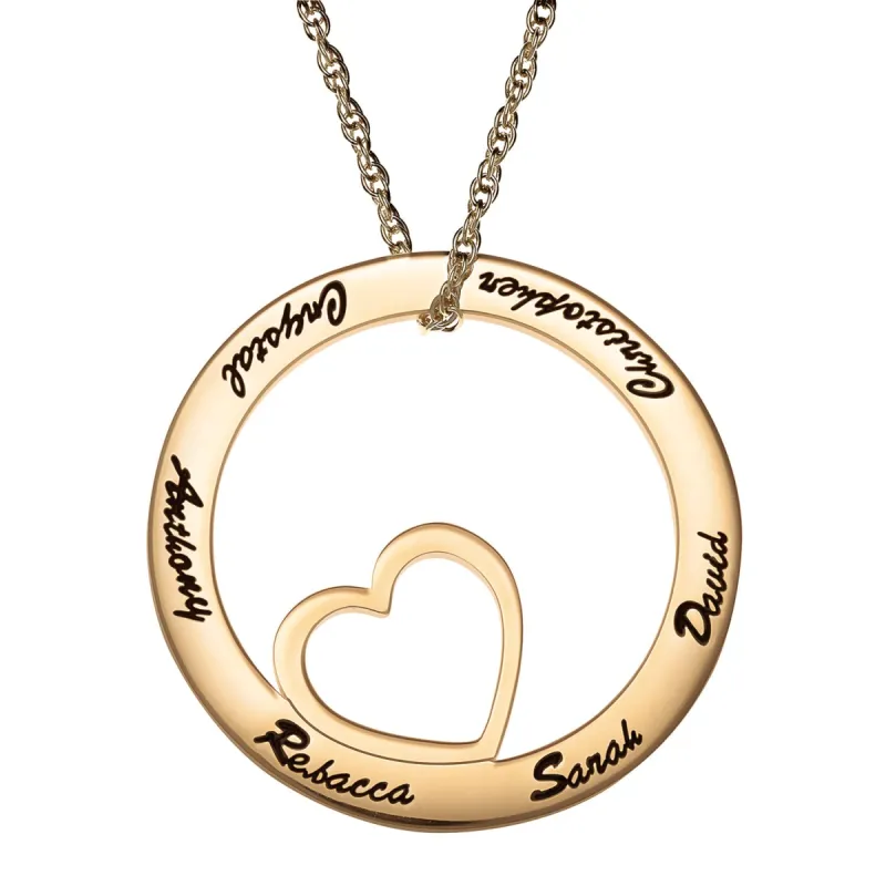 14K Gold over Sterling Family Name Open Circle with Heart Necklace sold by Limoges Jewelry