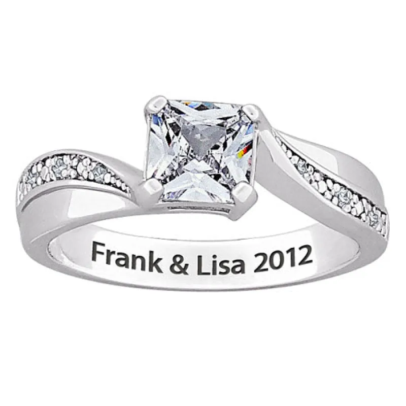 Sterling Silver Princess-cut CZ & Diamond Engraved Promise Ring sold by Limoges Jewelry