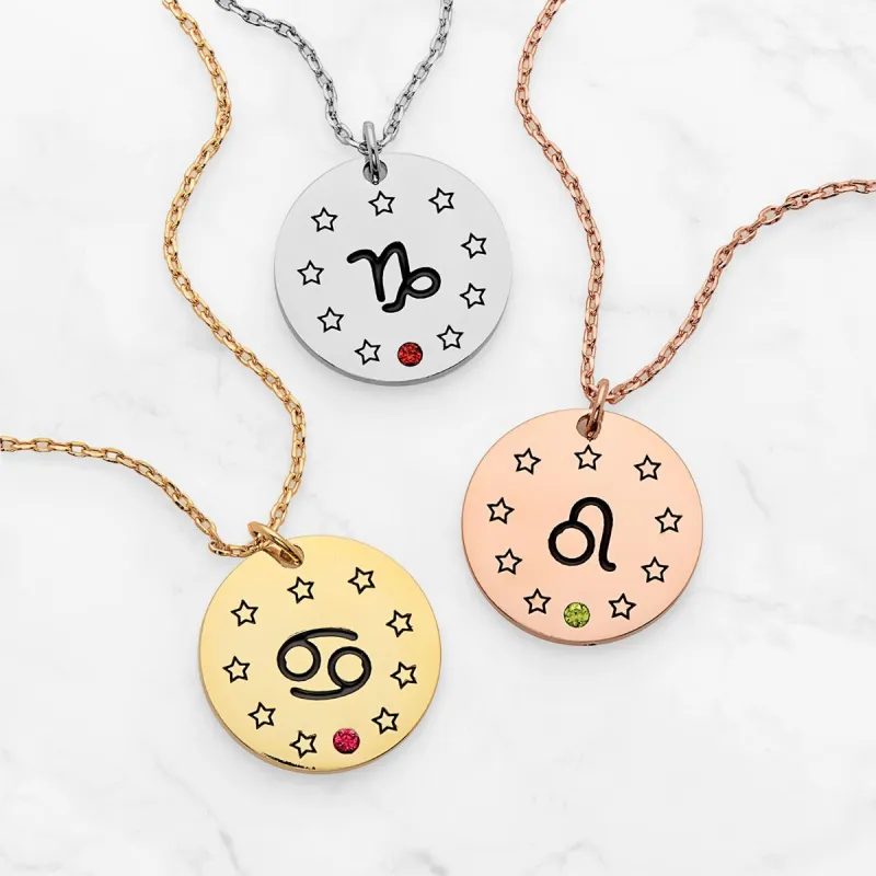 Zodiac Symbol and Birthstone Disc Necklace sold by Limoges Jewelry