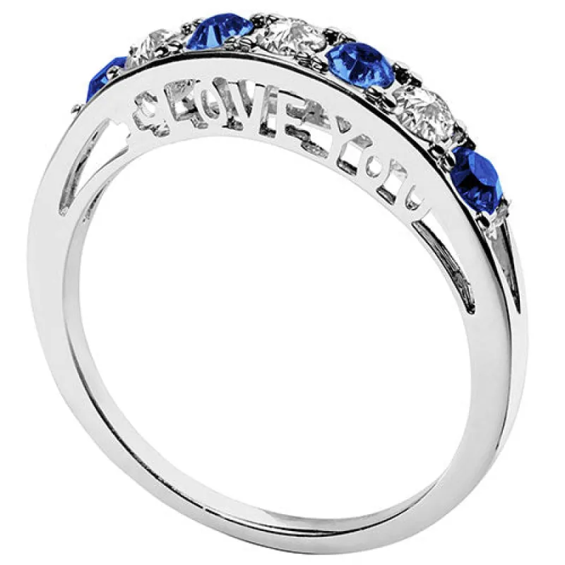 Silver Plated I LOVE YOU Simulated Sapphire and Clear Crystal Ring sold by Limoges Jewelry
