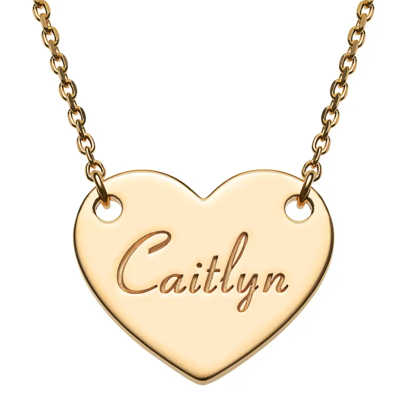 14K Gold over Sterling Engraved Script Name Station Heart Necklace sold by Limoges Jewelry