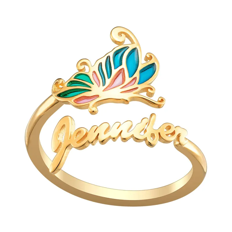 14K Gold Plated Script Name Bypass Ring with Pink and Blue Enamel Butterfly sold by Limoges Jewelry