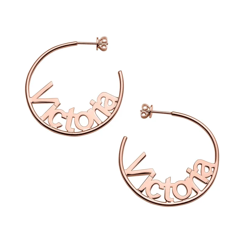 Personalized 14K Rose Gold over Sterling Nameplate Medium Post Hoop Earrings sold by Limoges Jewelry