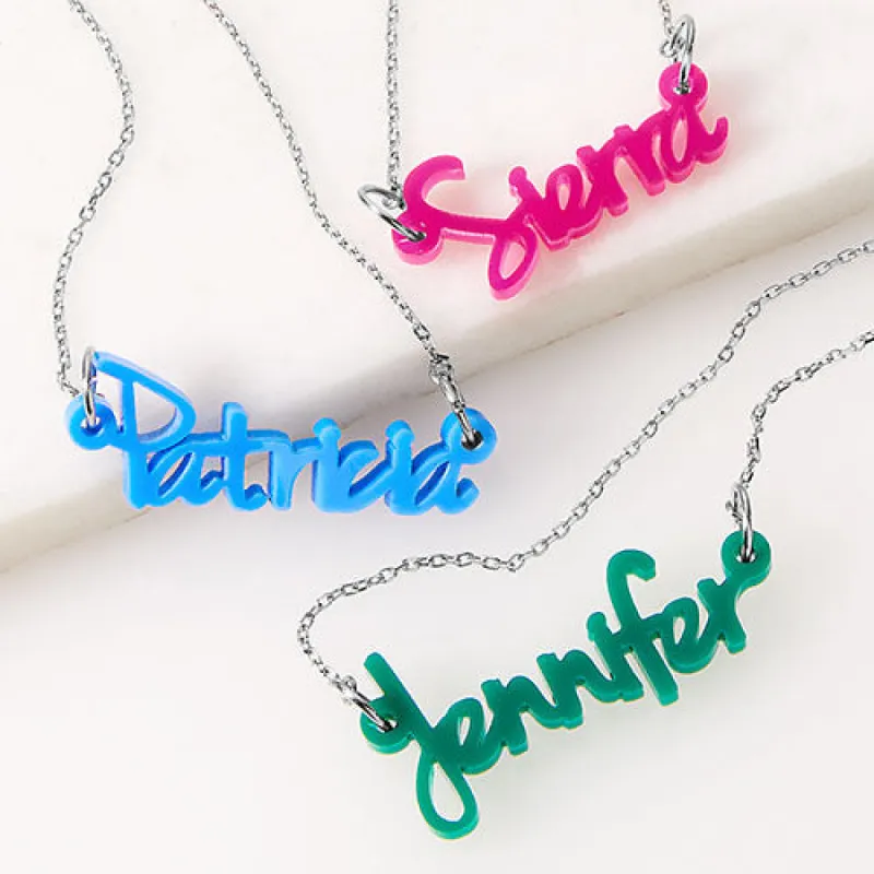 Modern Script Acrylic Name Necklace - Stainless ChainPlaque Necklace sold by Limoges Jewelry