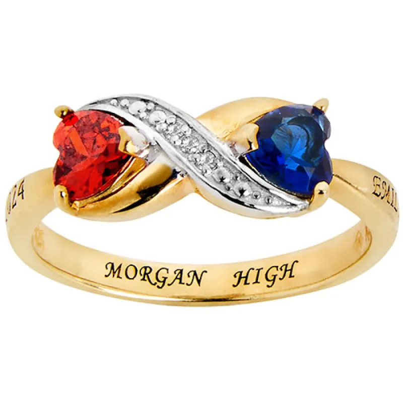 14K Gold Plated Double Birthstone Heart Infinity Diamond Accent Class Ring sold by Limoges Jewelry