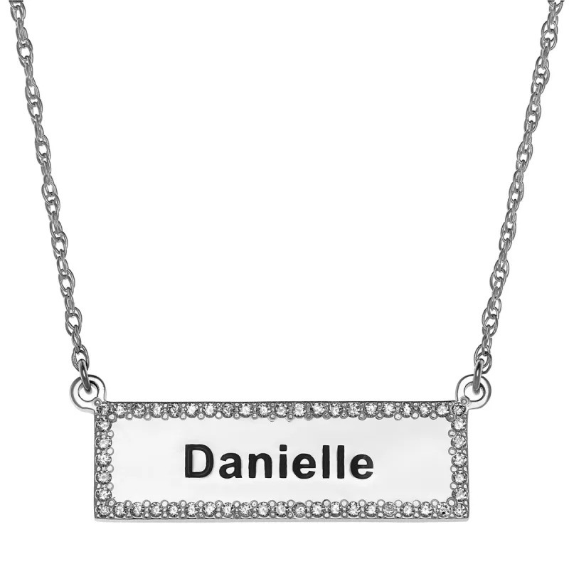 Sterling Silver CZ Bar with Engraved Name Necklace sold by Limoges Jewelry