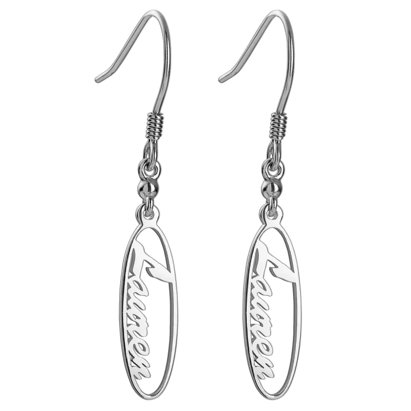 Sterling Silver Oval Name Dangle Earrings sold by Limoges Jewelry