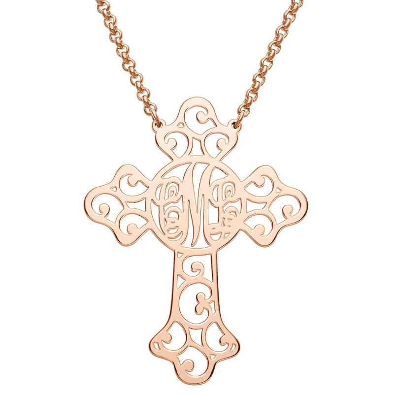 14K Rose Gold Plated Filigree Cross with Monogram Necklace sold by Limoges Jewelry
