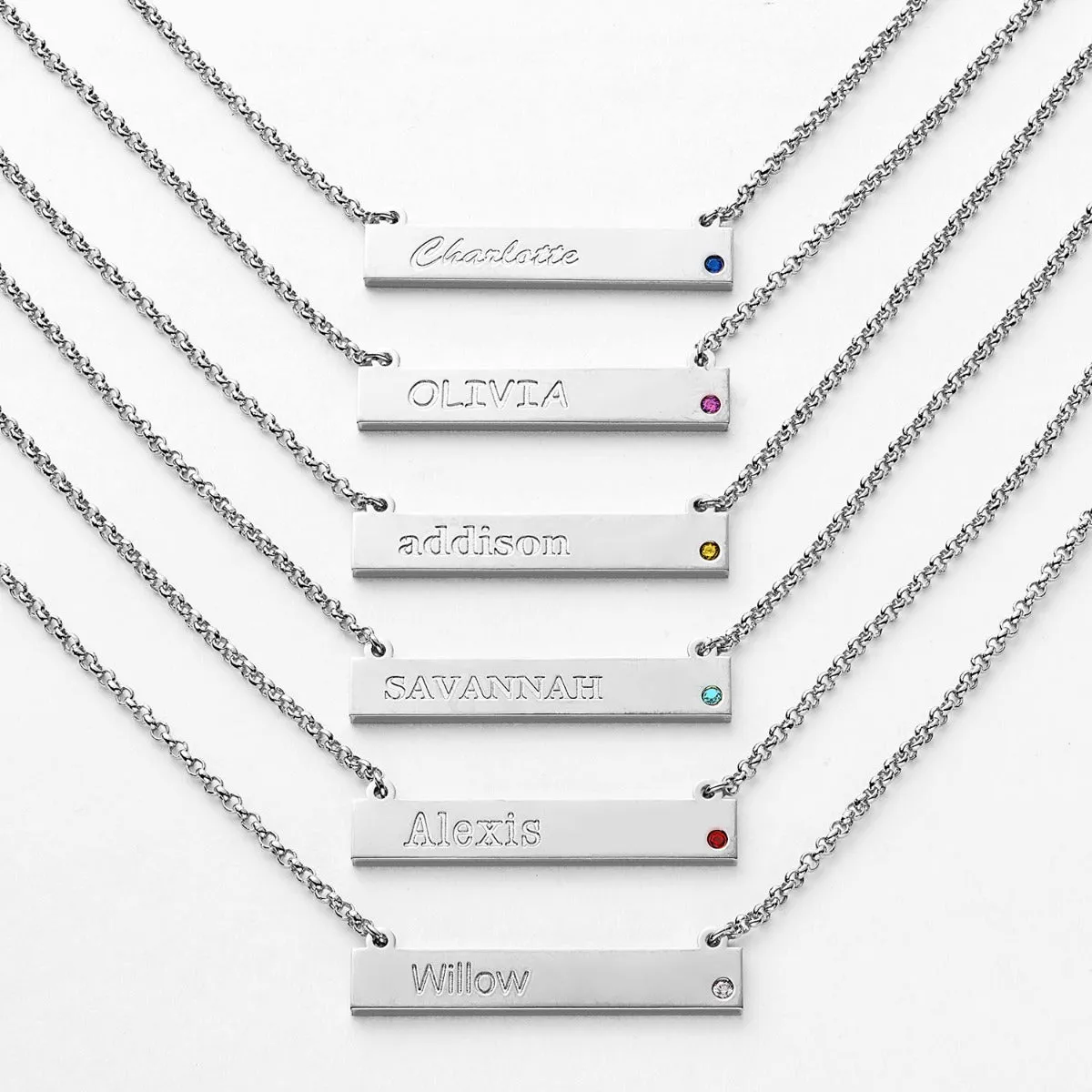 Silver Plated Engraved Name and Birthstone Mini Bar Necklace sold by Limoges Jewelry