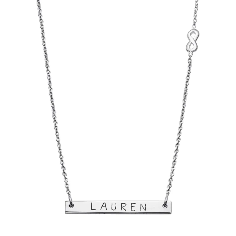 Sterling Silver Mini Bar Name with Infinity Necklace sold by Limoges Jewelry
