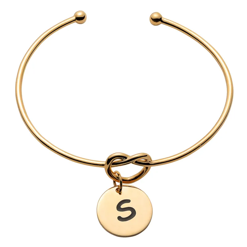 14K Gold over Sterling Engraved Initial Disc with Heart Knot Open Cuff Bracelet sold by Limoges Jewelry