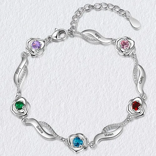 Silver Plated Engraved Scroll and Birthstone Flower Bracelet sold by Limoges Jewelry