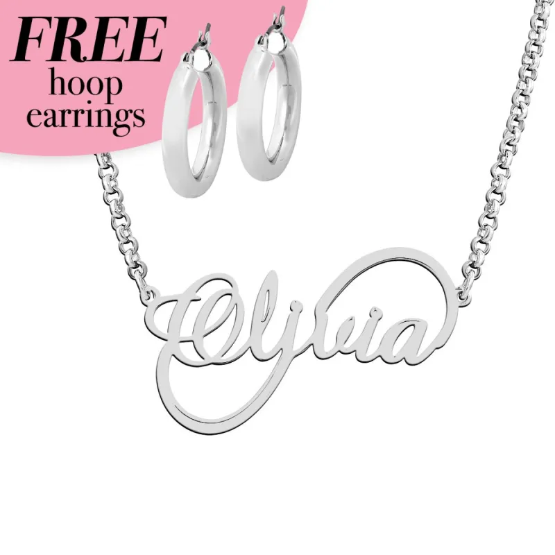 Sterling Silver Scrpt Infinity Name with Free Hoop Earrings sold by Limoges Jewelry