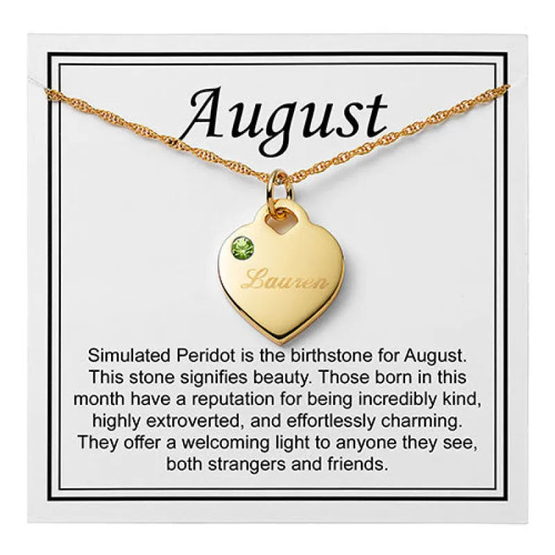 14K Gold Plated Engraved August Birthstone Heart Necklace sold by Limoges Jewelry