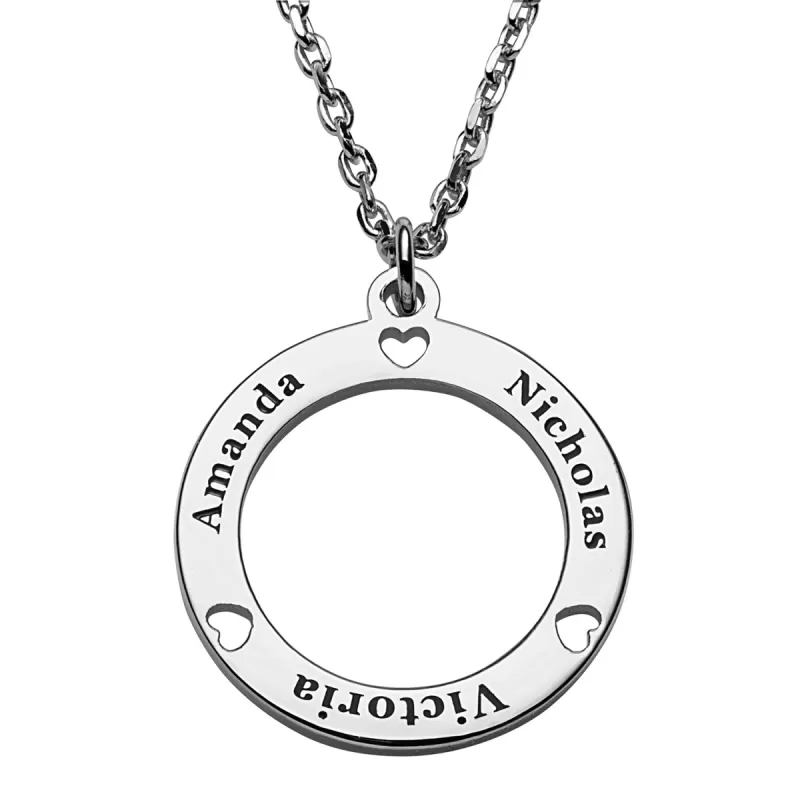 Sterling Silver Petite Engraved Name Circle with Hearts Necklace sold by Limoges Jewelry