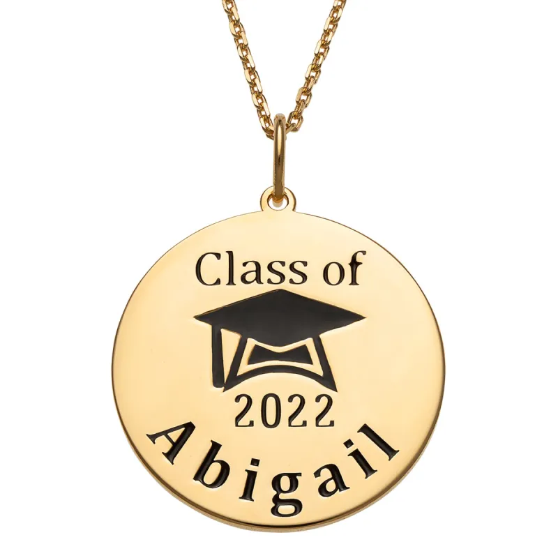 14K Gold over Sterling Engraved Name Class of Disc with Grad Cap Necklace sold by Limoges Jewelry