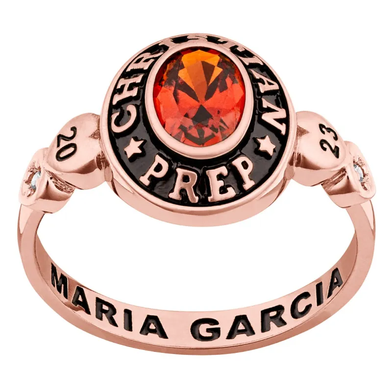 Ladies' 14K Rose Gold over Sterling Oval Birthstone with CZ and Hearts Class Ring sold by Limoges Jewelry