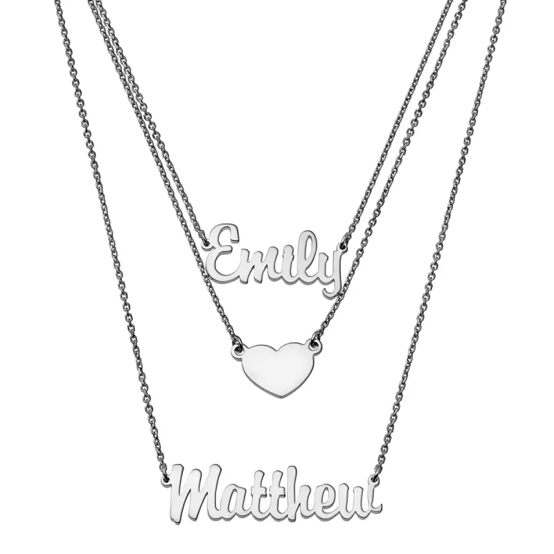 Sterling Silver Couples Name Layered Necklace with Heart sold by Limoges Jewelry