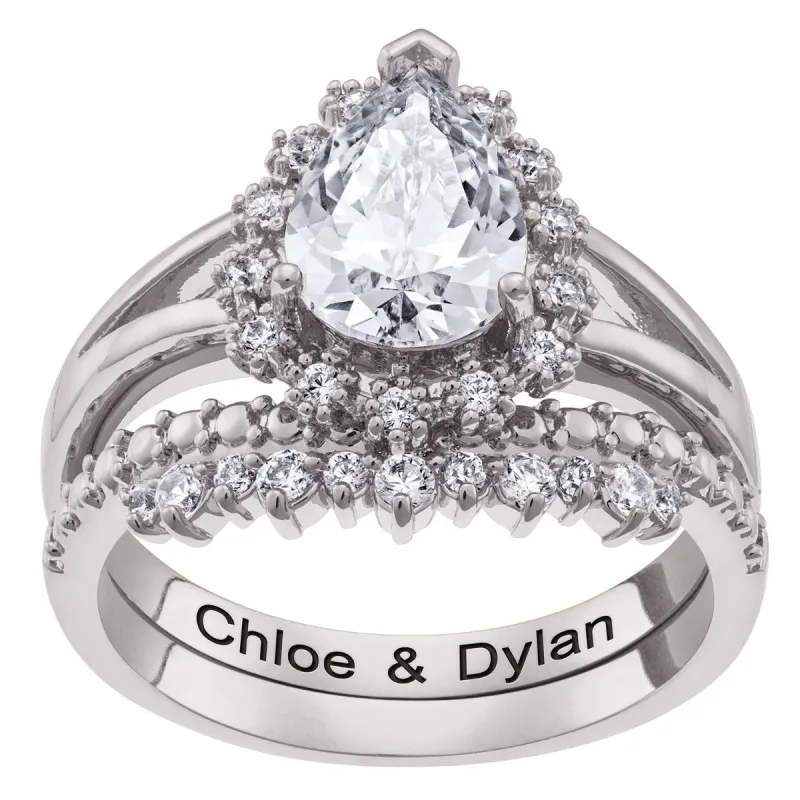 Silver Plated Tear Stone 2 Piece Wedding Ring Set sold by Limoges Jewelry