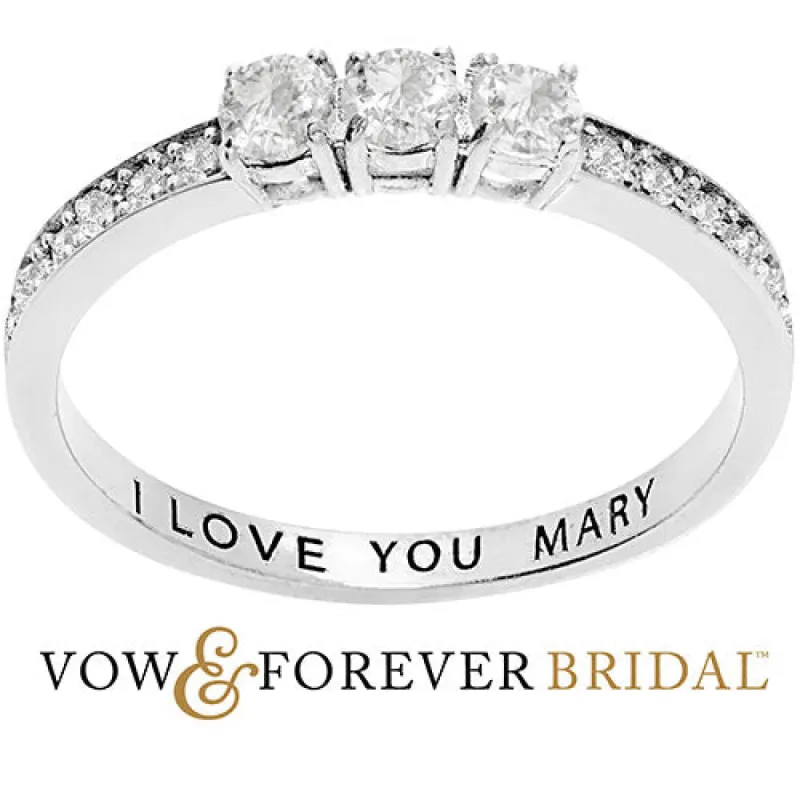 Platinum over Sterling Brilliant White Topaz Three Stone Engraved Wedding Ring made by Limoges Jewelry