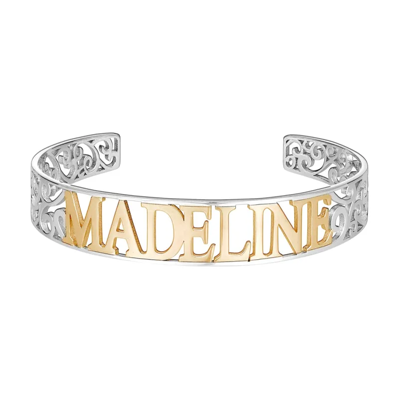 Two-Tone Sterling Silver and Yellow Gold Name Cuff with Filigree Design sold by Limoges Jewelry