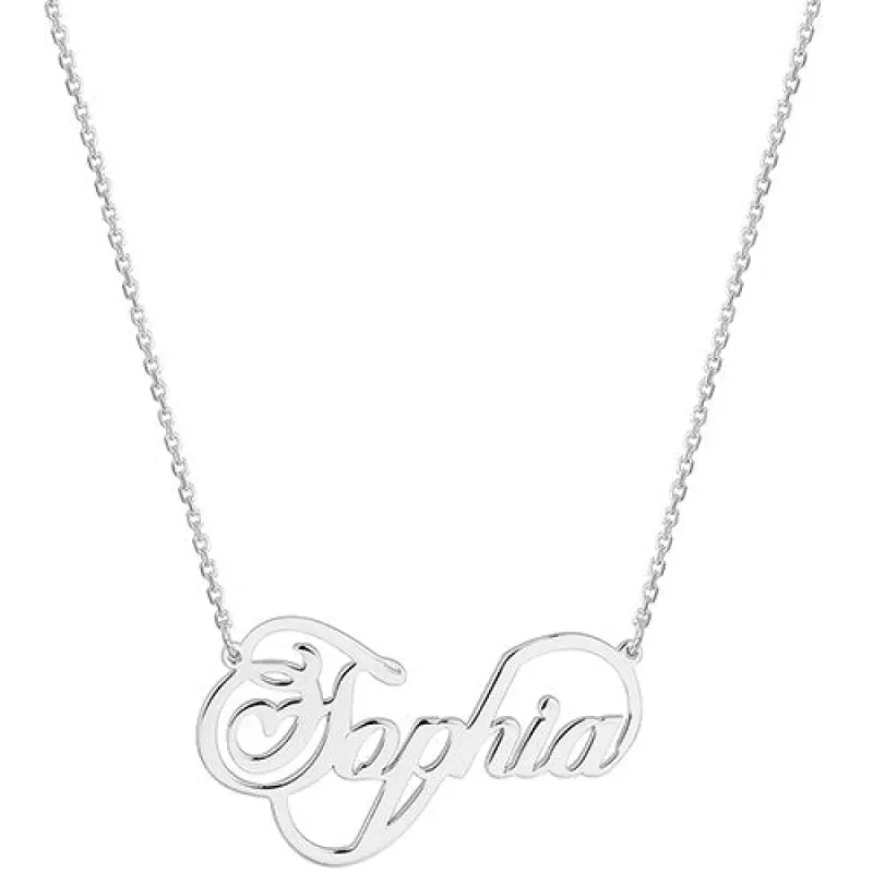 Sterling Silver Script Name with Heart Infinity Plaque Necklace sold by Limoges Jewelry