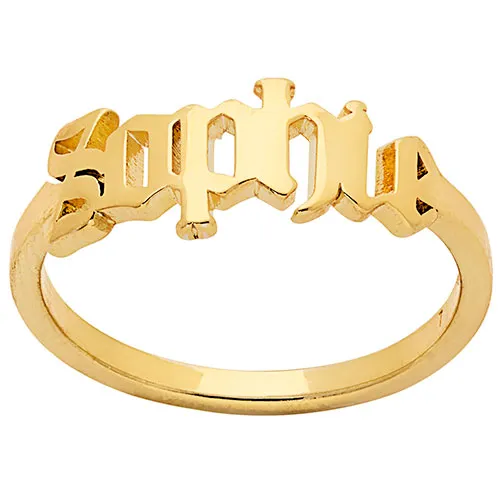 14K Gold Plated New Old English Cutout Name Ring sold by Limoges Jewelry
