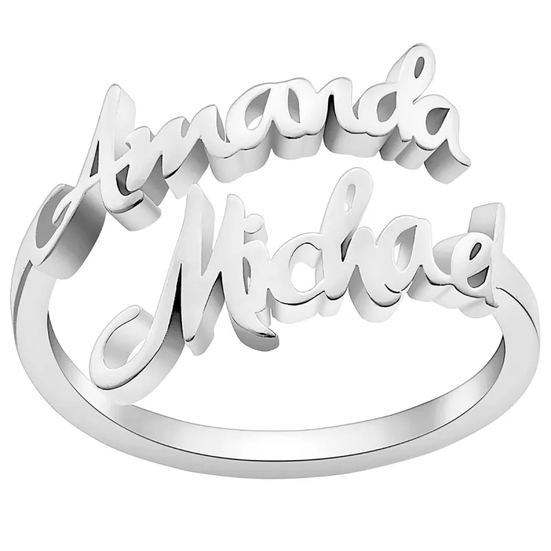 Silver Plated Double Script Name Bypass Ring sold by Limoges Jewelry