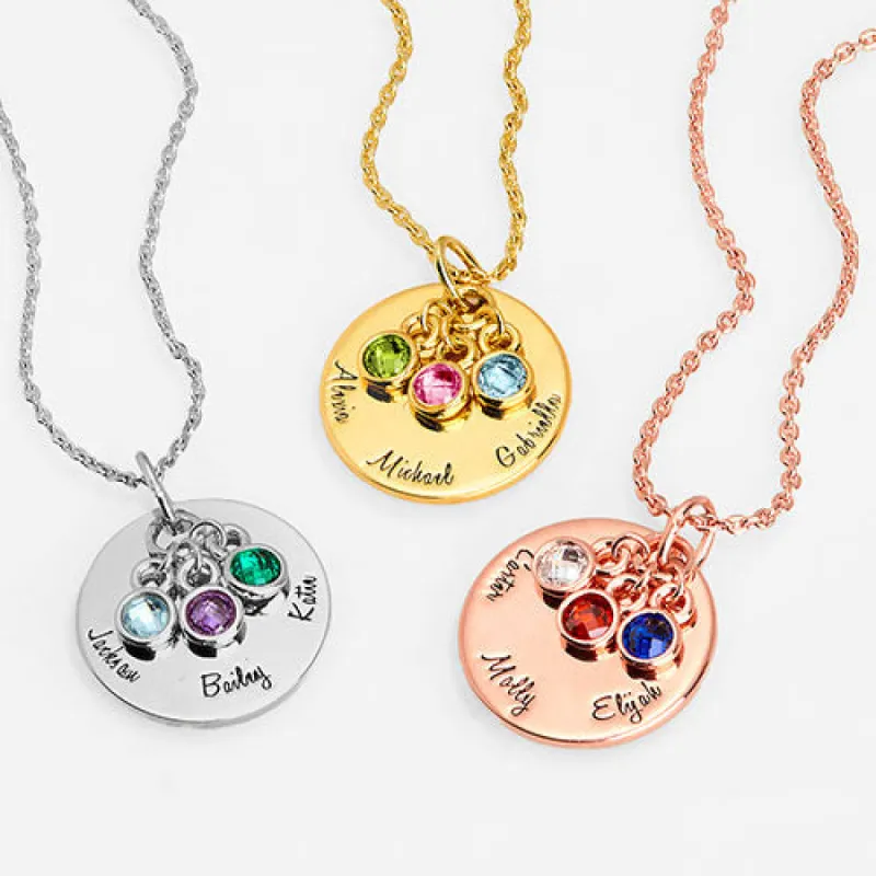 Mother's Engraved Disc with Birthstones Cluster Necklace sold by Limoges Jewelry