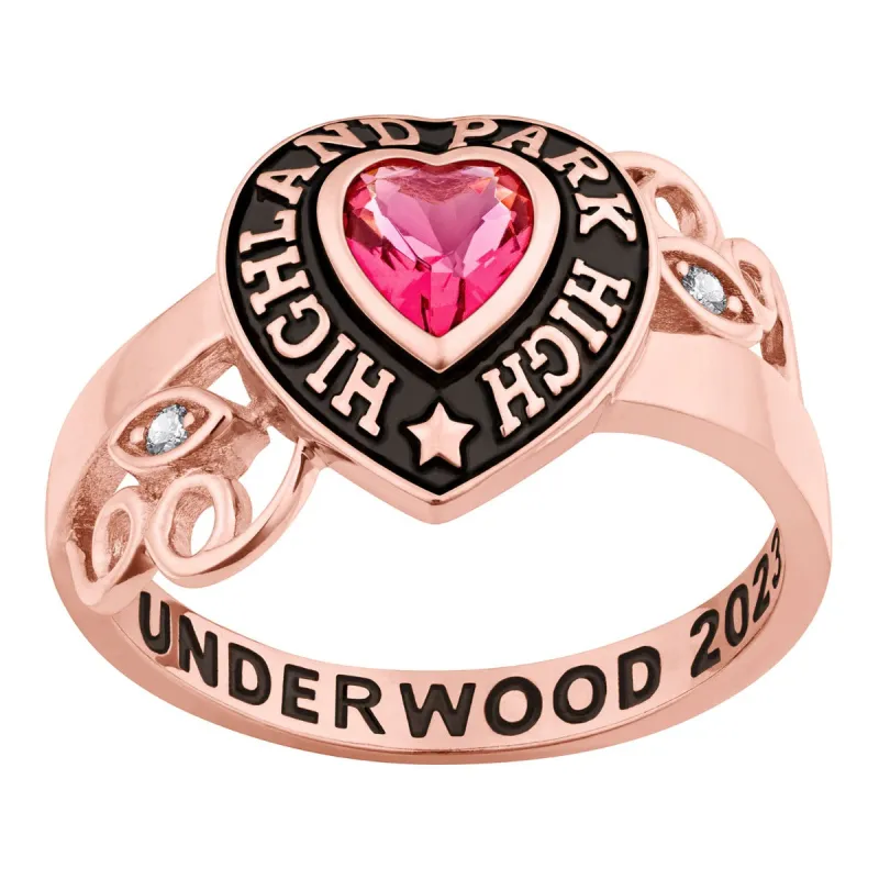 Ladies' 14K Rose Gold over Sterling Heart Stone and CZ Swirl Class Ring sold by Limoges Jewelry