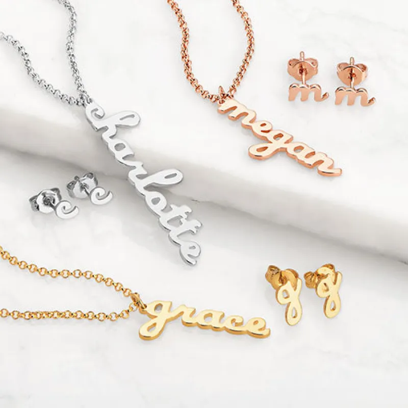 Lowercase Script Name Necklace and Initial Earring Set sold by Limoges Jewelry