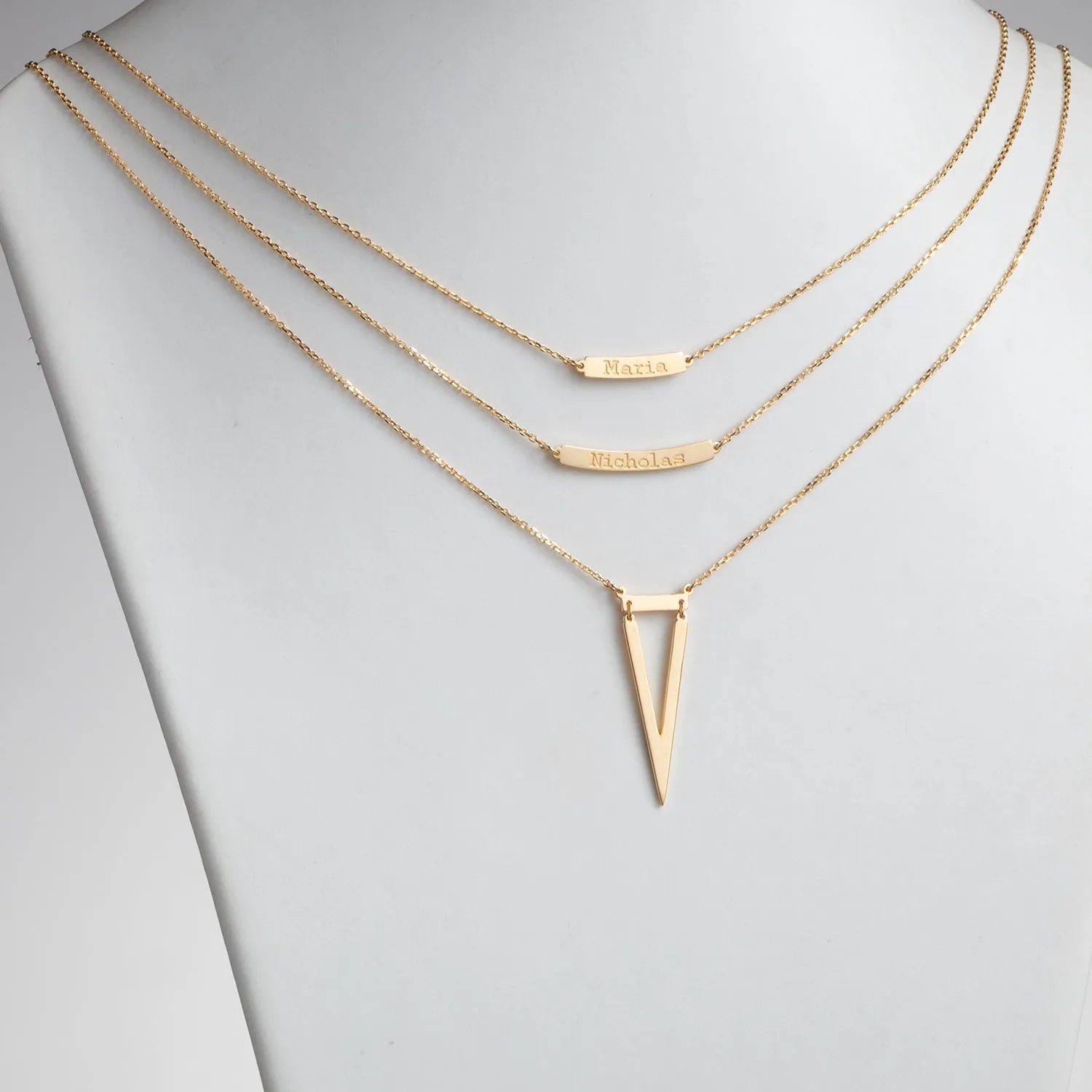 14K Gold over Sterling Double Name Layered Necklace w/ Triangle sold by Limoges Jewelry product image thumbnail 2