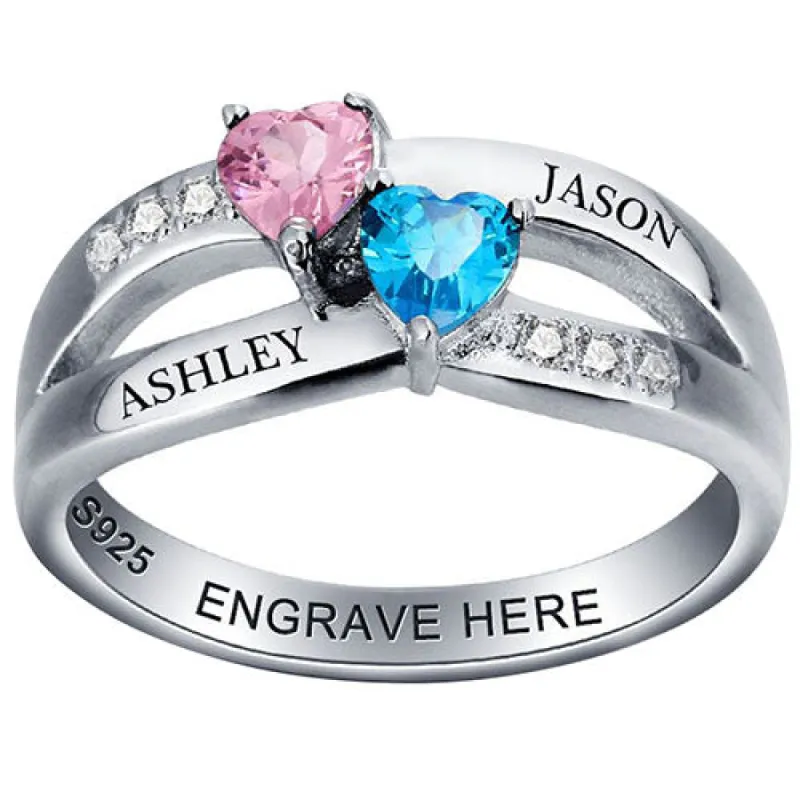 Sterling Silver Engraved Double Heart Birthstone and CZ Ring sold by Limoges Jewelry