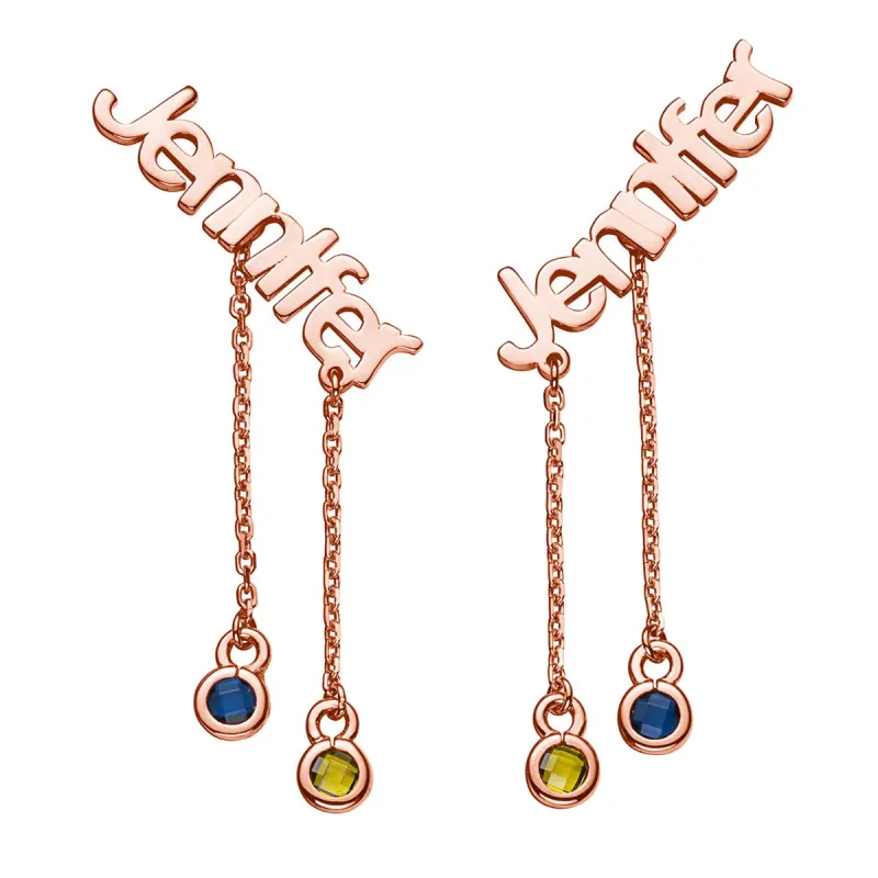 14K Rose Gold over Sterling Name with Birthstone Dangle Crawler Earrings sold by Limoges Jewelry