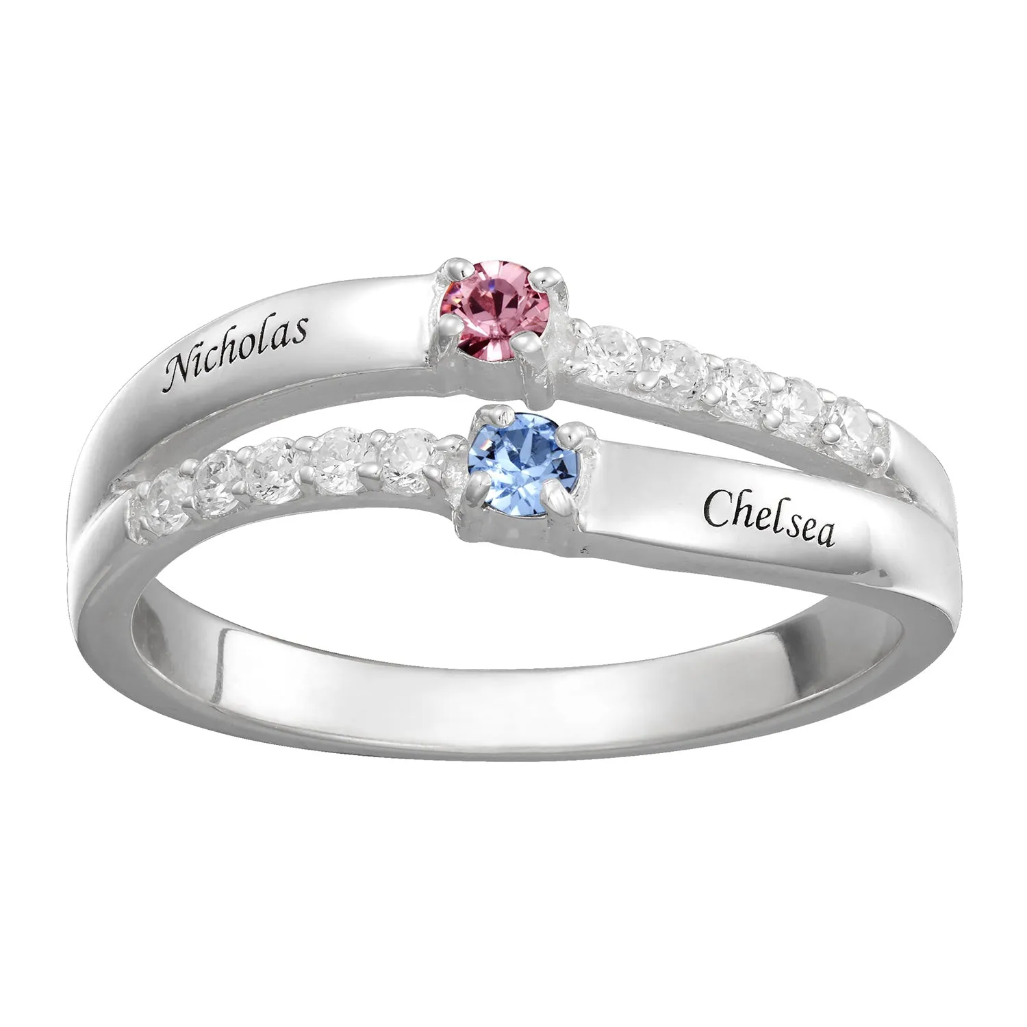 Sterling Silver Couple's Engraved Birthstone and CZ Wave Ring sold by Limoges Jewelry