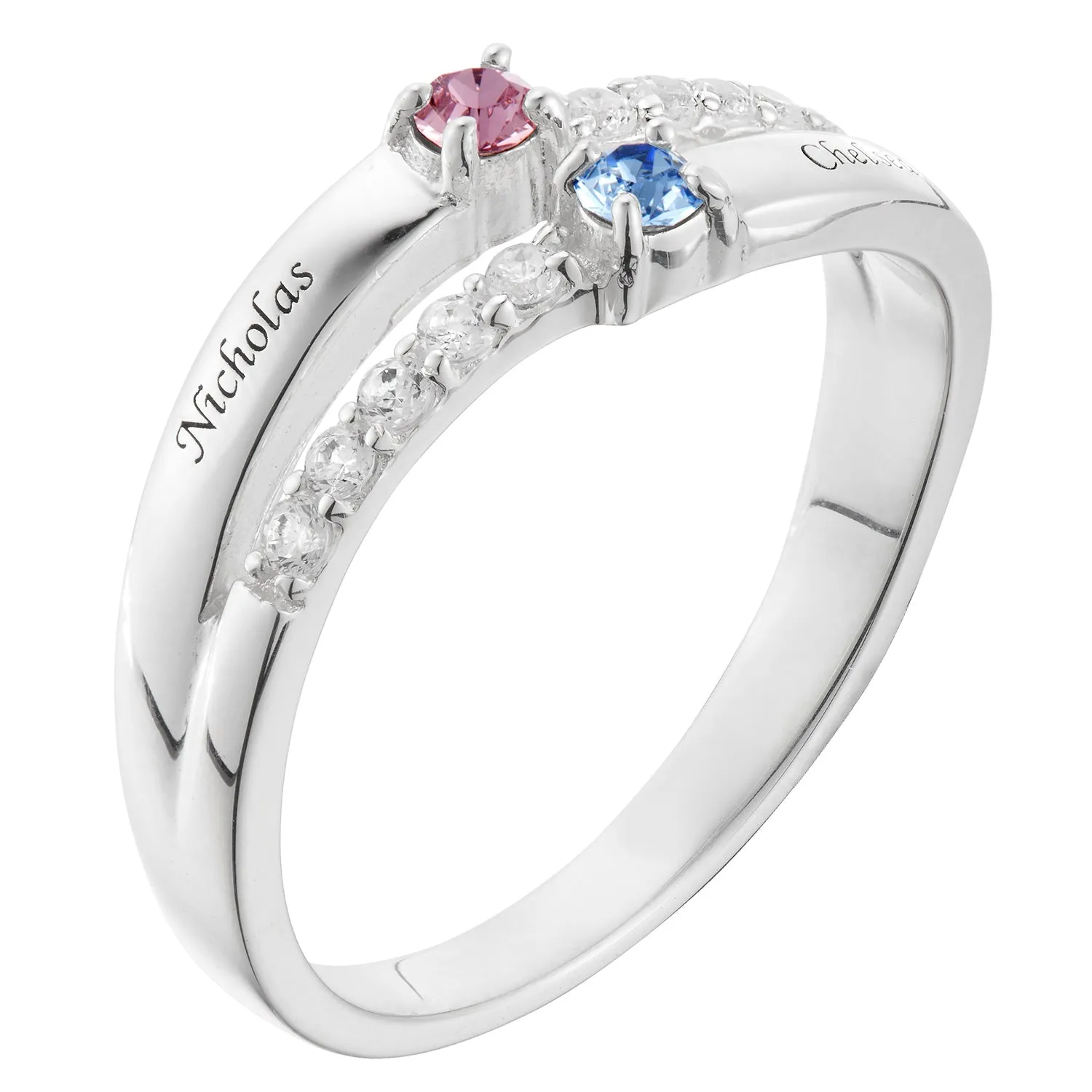 Sterling Silver Couple's Engraved Birthstone and CZ Wave Ring sold by Limoges Jewelry product image thumbnail 2