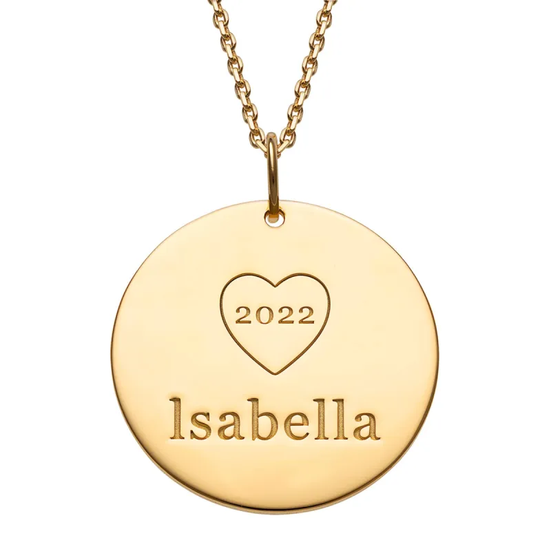 14K Gold over Sterling Engraved Name Disc with Year Necklace sold by Limoges Jewelry