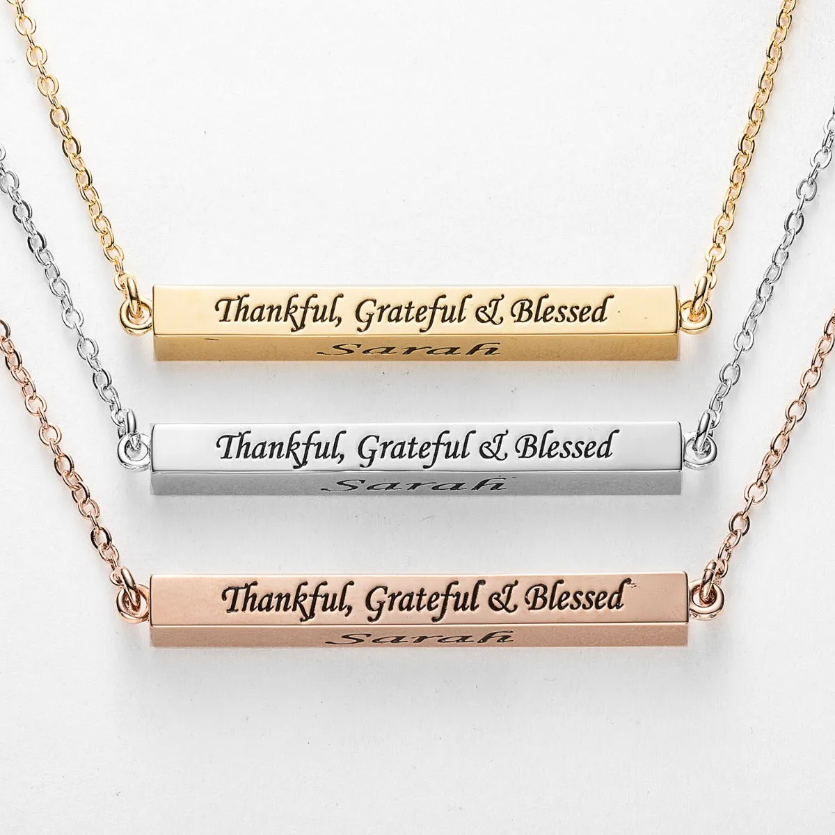 Horizontal 4-sided Bar 'Thankful' Engraved Name Necklace sold by Limoges Jewelry