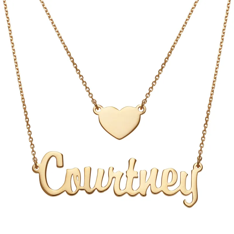 14K Gold over Sterling Script Name and Heart Layered Double Necklace sold by Limoges Jewelry