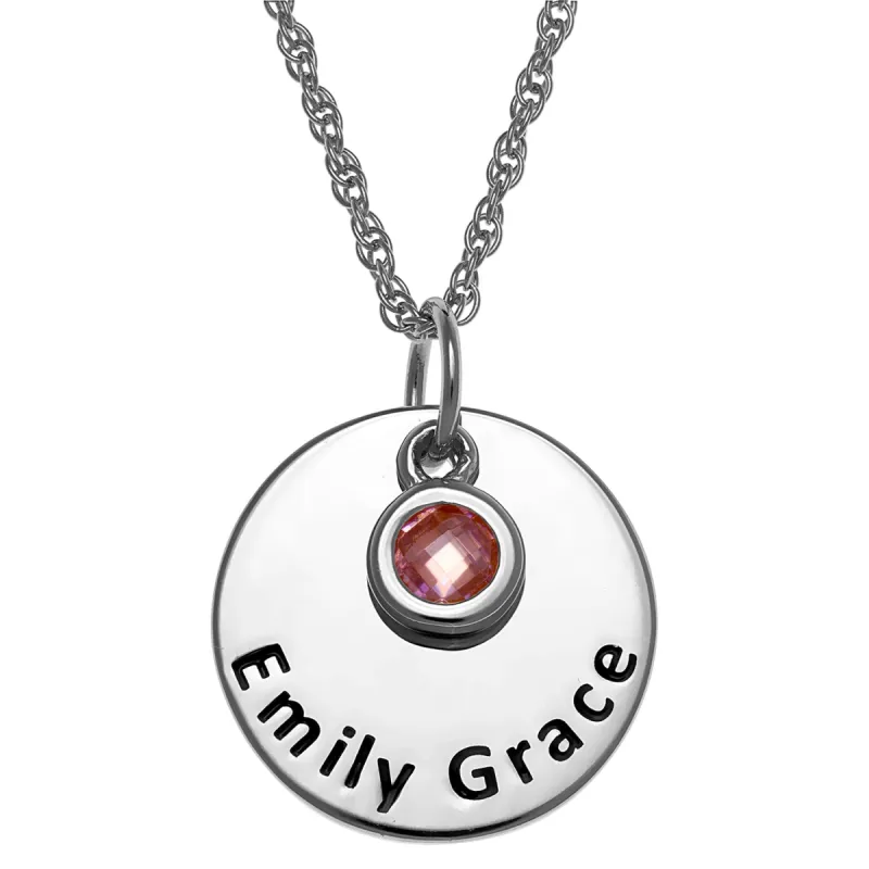 Sterling Silver Engraved Name Disc with Birthstone Charm Necklace sold by Limoges Jewelry