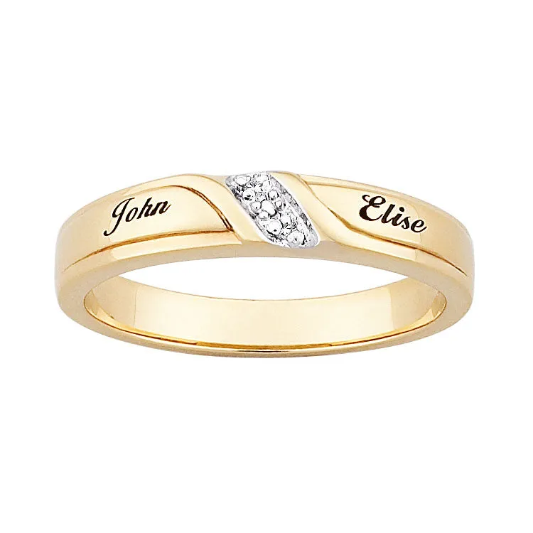 18K Gold over Sterling Diamond & Top-Engraved Name Slim Wedding Band sold by Limoges Jewelry