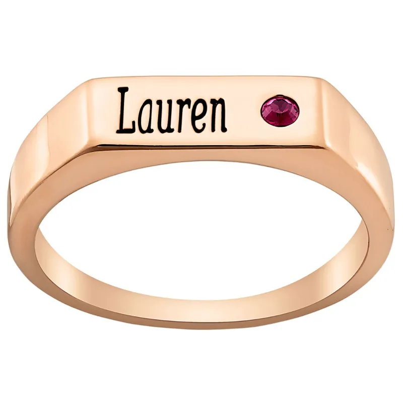 14K Rose Gold Plated Engraved Name and Birthstone Rectangle Ring sold by Limoges Jewelry