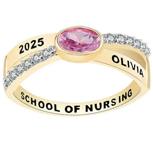 Women's 14K Gold over Sterling Crossover Oval Birthstone Fashion Class Ring sold by Limoges Jewelry