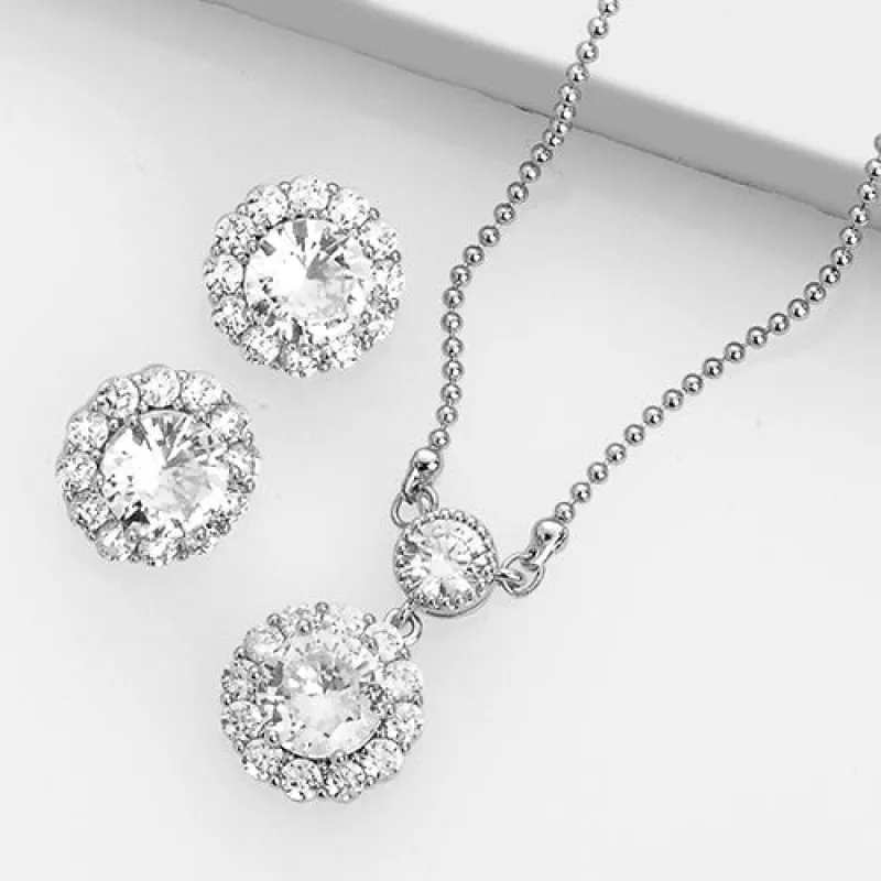 Silvertone CZ Halo Earring and Necklace Set sold by Limoges Jewelry