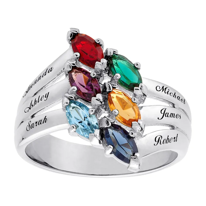 Sterling Silver Family Marquise Birthstone Name Ring sold by Limoges Jewelry