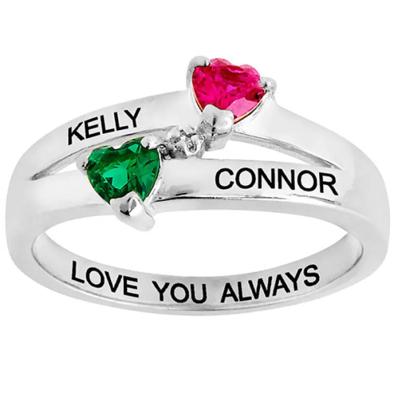 Sterling Silver Couple's Birthstone Heart Diamond Accent Ring sold by Limoges Jewelry