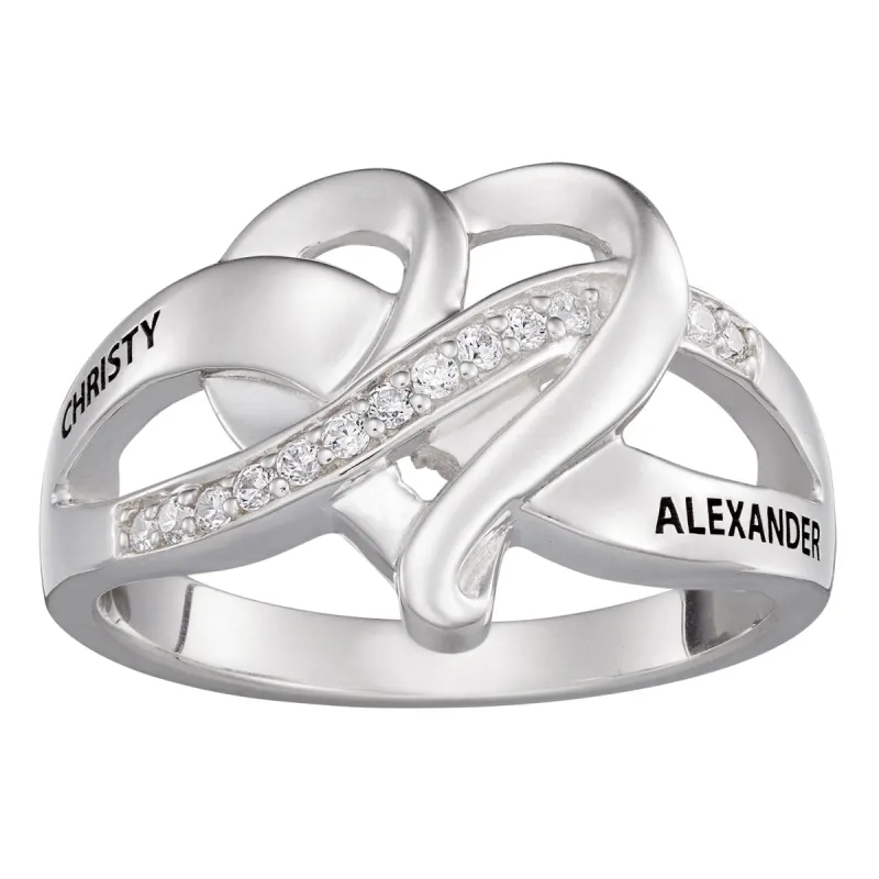 Sterling Silver Couples Engraved Name Heart CZ Ring sold by Limoges Jewelry
